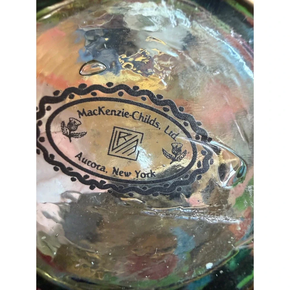 MacKenzie Childs Circus Collection Glass Basket Handpainted Ruffled Floral Bow